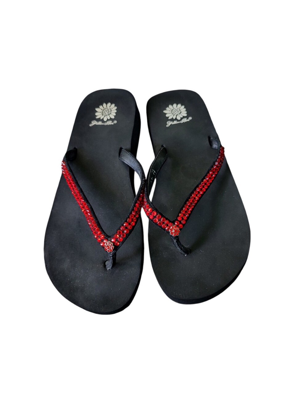 Yellow Box Black Flip Flop Sandals with Red Crystal Straps